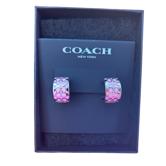 Coach Signature C Enamel Huggie Earrings Pink/Silver NWT - Picture 5 of 7